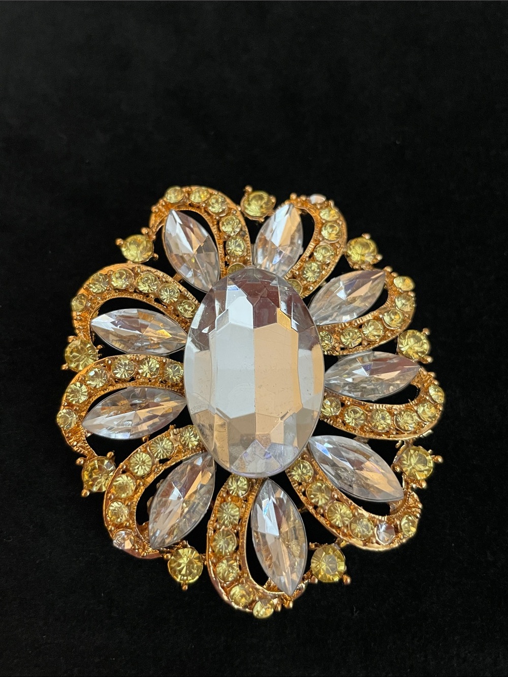 Gold-Tone Floral Crystal Brooch with Clear Center